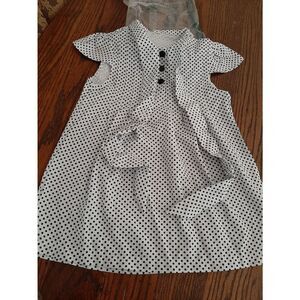 New Girl's 90 (2T) White Black Polka Dot Dress Tie Neck Short Sleeve